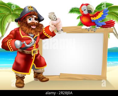 Cartone animato Pirate Capitano e Parrot Beach sfondo Illustrazione Vettoriale