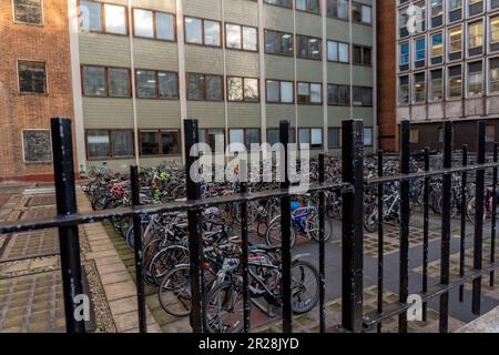 Parcheggio per biciclette attraverso una recinzione metallica a Londra, Regno Unito Foto Stock