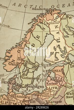 Mappa politica vintage della Scandinavia in seppia. Foto Stock