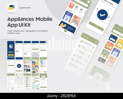 Appliance Mobile App UI Kit con più schermate come accesso, Crea account, Profilo, Ordine e Dettagli prodotto. Illustrazione Vettoriale