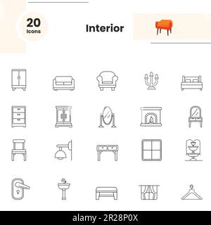 Icona Inior Home Stuff impostata in stile contorno. Illustrazione Vettoriale