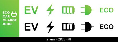 Set di simboli di ricarica per auto elettriche. Icona della batteria e dell'eco Illustrazione Vettoriale