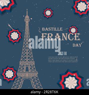 Bastille France Day 14 luglio. Un concetto di festa nazionale. Illustrazione vettoriale di progettazione di modelli, poster e banner Web. Illustrazione Vettoriale