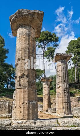 Tempio di Hera (Heraion), in stile dorico, periodo arcaico, 6th ° secolo, santuario dell'antica Olimpia, penisola del Peloponneso, regione della Grecia occidentale, Grecia Foto Stock