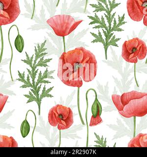 Fiore papavero senza cuciture motivo. Acquerello disegni a mano fiori papavero carta da parati, disegno tessuto, rustico sfondo botanico Foto Stock