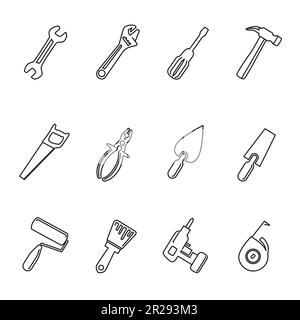 delineare il set di simboli degli attrezzi di riparazione Illustrazione Vettoriale