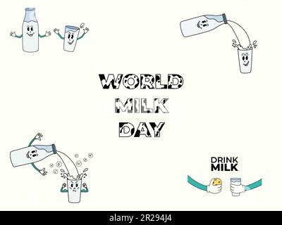 Giornata mondiale del latte. Giugno 1. Una serie di personaggi cartoni animati. Bicchiere e bottiglia di latte in stile grovoso. Concetto di vacanza. Elementi di stile retrò. Adesivi. Illustrazione Vettoriale