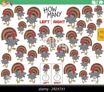 Cartoon illustrazione del gioco educativo di contare le immagini orientate a sinistra e a destra di un uccello tacchino Illustrazione Vettoriale