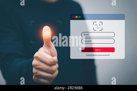 Man toccare impronte digitali di sicurezza password login online Concept mani digitare e inserire nome utente e password dei social media, accedere con Smart Foto Stock