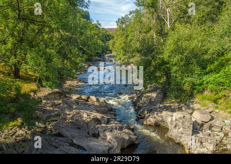 Il fiume o Afon Elan che corre lungo la valle di Elan a Powys Mid Wales con la diga che aiuta l'acqua in modo da non rovesciare e causare una sirena Foto Stock