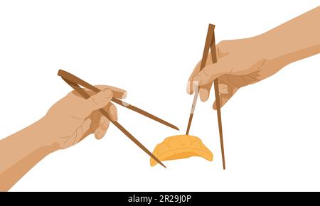 Le mani con le bacchette raggiungono il gyoza gnocco. Michelangelos affresco creazione di Adamo motivo. Concetto di cibo asiatico divino. Poster creativo per la pubblicità, web design. Illustrazione vettoriale. Illustrazione Vettoriale