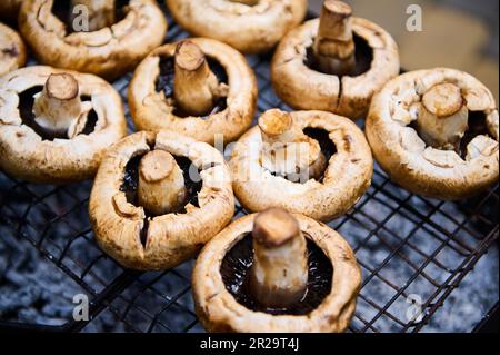 Ancora vita con funghi porcini marroni champignon cucinati alla griglia all'aperto. Festa estiva al barbecue Foto Stock