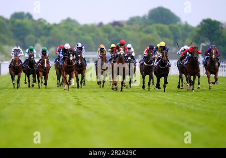 Corridori e piloti in azione mentre gareggiano nella Sky Bet Hambleton handicap il secondo giorno del Dante Festival 2023 all'ippodromo di York. Data immagine: Giovedì 18 maggio 2023. Foto Stock