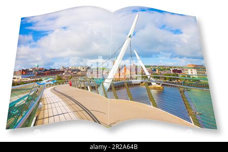 Skyline urbano della città di Derry (chiamata anche Londonderry) nell'Irlanda del Nord con il famoso 'Peace Bridge' (Europa - Irlanda del Nord) - 3D rendono conce Foto Stock