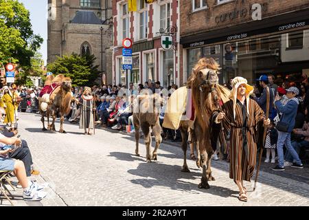 Brugge, Belgio. 18th maggio, 2023. L'immagine mostra la processione del Sacro sangue (Heilige Bloedprocessie - Processione Saint-Sang), che si terrà giovedì 18 maggio 2023 a Brugge. Durante la processione, la reliquia del sangue Santo viene trasportata dalla basilica del sangue Santo alla cattedrale del Santo Salvatore attraverso il centro della città di Bruges. FOTO DI BELGA JAMES ARTHUR GEKIERE Credit: Belga News Agency/Alamy Live News Foto Stock