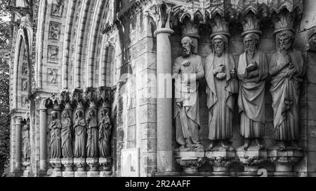 Immagini scultoree degli apostoli sulla facciata della cattedrale anglicana di Cork, Irlanda. Monocromatico. Cattedrale di Saint fin barre Foto Stock