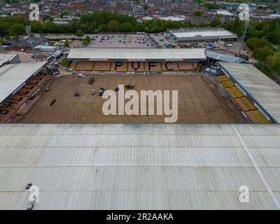 Vale Park Irrigation Works 2023 Off Season Pitch Works from Drone The Air Aerial, Port vale Football Club Stoke-on-Trent Foto Stock