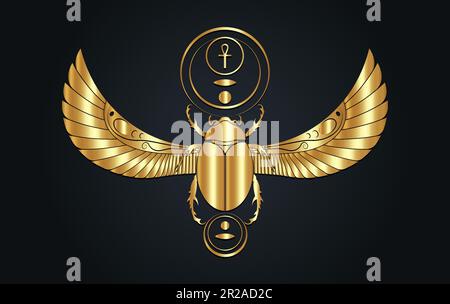 Oro egiziano sacro Scarab muro art design. Scarabeo con ali. Illustrazione vettoriale logo dorato, personificando il dio Khepri. Simbolo di lusso Illustrazione Vettoriale