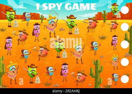 Selvaggio West i spy game foglio di lavoro, vitamina cowboy, sceriffo, ranger e banditi personaggi, vettore quiz. Vitamine del cartone animato come il cowboy del Texas con il cavallo ed il tasso, enigma di puzzle dei capretti per trovare due stessi Illustrazione Vettoriale