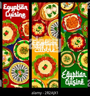 Cucina egiziana ristorante pasti striscioni, piatti alimentari del ristorante Egitto, vettore. Cucina egiziana pranzo tradizionale e piatti di riso, couscous an Illustrazione Vettoriale