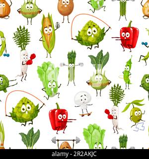 Cartoni animati personaggi vegetali sul fitness. Modello senza cuciture con allegri veggies che vanno sport. Stampa tessile con simpatico rafano, insalata e romanesco, turni Illustrazione Vettoriale