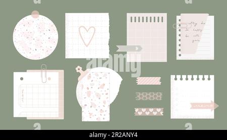 Set di varie note cartacee, pianificazione, elenco delle cose da fare, pianificatore, memorie, adesivi per ufficio illustrazioni vettoriali. Simpatici modelli di memo. Illustrazione Vettoriale