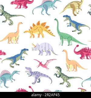 Modello senza cuciture con dinosauri luminosi, tra cui T-rex, Brontosaurus, Triceratops, Velociraptor, Pteranodon, Allosaurus, ecc. Isolato su tendenza bianca Illustrazione Vettoriale