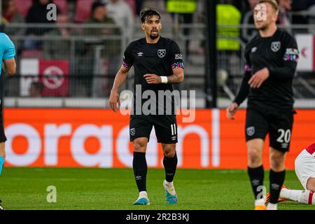 Alkmaar, Paesi Bassi. 18th maggio, 2023. ALKMAAR, PAESI BASSI - MAGGIO 18: Lucas Paqueta del West Ham United FC durante la partita di seconda tappa della UEFA Europa Conference League semi-finale tra AZ e West Ham United allo stadio AFAS il 18 Maggio 2023 ad Alkmaar, Paesi Bassi (Foto di Patrick Goosen/Orange Pictures) Credit: Orange Pics BV/Alamy Live News Foto Stock