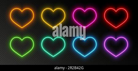 Cornici a cuore al neon, bordi luminosi e vivaci decorazioni per San Valentino. Illustrazione Vettoriale