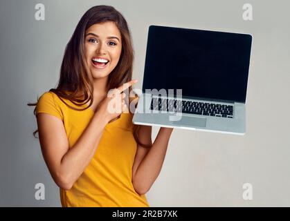 Anche io non potevo crederci quando l'ho visto. Studio ritratto di una giovane donna attraente che punta a un notebook con uno schermo vuoto contro un grigio Foto Stock