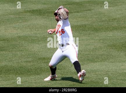 Baltimora, Stati Uniti. 18th maggio, 2023. BALTIMORA, MD - 18 MAGGIO: Il fielder di Baltimora Orioles Ryan McKenna (26) lancia a casa la sua squadra dal profondo dell'esterno durante una partita di MLB tra gli Orioles di Baltimora e gli Angeli di Los Angeles, il 18 maggio 2023, all'Orioles Park a Camden Yards, a Baltimora, Maryland. (Foto di Tony Quinn/SipaUSA) Credit: Sipa USA/Alamy Live News Foto Stock