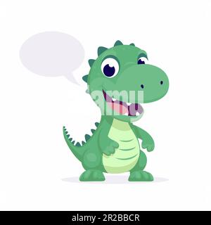 Vettore carino gentile Baby Kid sorridente Dinosauro. Happy Cartoon Green Dinosaur Tyrannosaurus Rex, Tyrex con Speech Bubble in stile piatto su sfondo blu Illustrazione Vettoriale