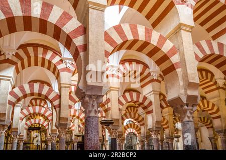 CORDOBA, SPAGNA - 15 FEBBRAIO 2014: Colonne e archi a due piani all'interno della moschea-cattedrale di Cordoba, Andalusia, Spagna meridionale Foto Stock