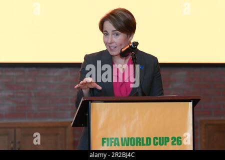 Boston. 18th maggio, 2023. Massachusetts, USA; Maura Healey, governatore del Massachusetts, parla alla presentazione del marchio locale della Coppa del mondo FIFA 2026 per la città di Boston. Credito obbligatorio Eric Canha/CSM/Alamy Live News Foto Stock