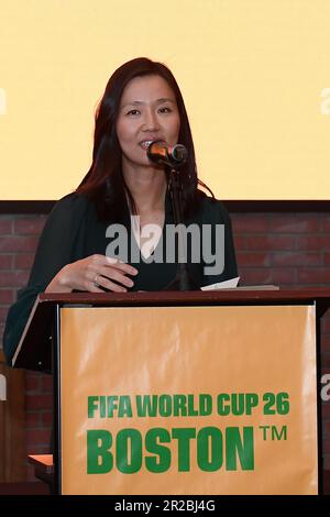 Boston. 18th maggio, 2023. Massachusetts, USA; Michelle Wu, sindaco di Boston, parla alla presentazione del marchio locale della Coppa del mondo FIFA 2026 per la città di Boston. Credito obbligatorio Eric Canha/CSM/Alamy Live News Foto Stock