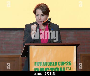 Boston. 18th maggio, 2023. Massachusetts, USA; Maura Healey, governatore del Massachusetts, parla alla presentazione del marchio locale della Coppa del mondo FIFA 2026 per la città di Boston. Credito obbligatorio Eric Canha/CSM/Alamy Live News Foto Stock