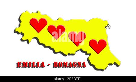 Emilia Romagna nel cuore, maltempo, solidarietà da tutta Italia per seguire e sostenere la regione colpita dall'alluvione. illustrazione 3d. Foto Stock