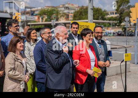 Barcellona, Barcellona, Spagna. 18th maggio, 2023. Ernest Maragall, sindaco di Esquerra Republicana, partecipa a un atto elettorale sulla mobilità. Partecipano anche Juli Fernandez, Consigliere Territoriale e Ona MartÃ-nez, sindaco dell'ERC di Terrassa. (Credit Image: © Marc Asensio Clupes/ZUMA Press Wire) SOLO PER USO EDITORIALE! Non per USO commerciale! Foto Stock