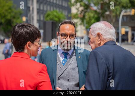 Barcellona, Barcellona, Spagna. 18th maggio, 2023. Ernest Maragall, sindaco di Esquerra Republicana, partecipa a un atto elettorale sulla mobilità. Partecipano anche Juli Fernandez, Consigliere Territoriale e Ona MartÃ-nez, sindaco dell'ERC di Terrassa. (Credit Image: © Marc Asensio Clupes/ZUMA Press Wire) SOLO PER USO EDITORIALE! Non per USO commerciale! Foto Stock