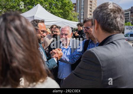 Barcellona, Barcellona, Spagna. 18th maggio, 2023. Ernest Maragall, sindaco di Esquerra Republicana, partecipa a un atto elettorale sulla mobilità. Partecipano anche Juli Fernandez, Consigliere Territoriale e Ona MartÃ-nez, sindaco dell'ERC di Terrassa. (Credit Image: © Marc Asensio Clupes/ZUMA Press Wire) SOLO PER USO EDITORIALE! Non per USO commerciale! Foto Stock