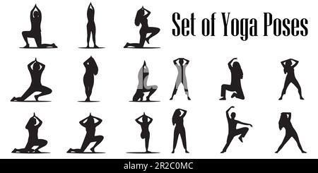 Una serie di silhouette di persone che fanno vettore yoga. Illustrazione Vettoriale