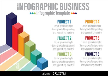 Modello di presentazione infografica sulle scale isometriche 3D con sei opzioni o passaggi per presentazioni aziendali, report finanziari, business plannin Illustrazione Vettoriale