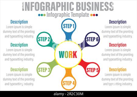 Lavorare con la moderna infografica Circle con 6 passi e sei opzioni. Illustrazione Vettoriale