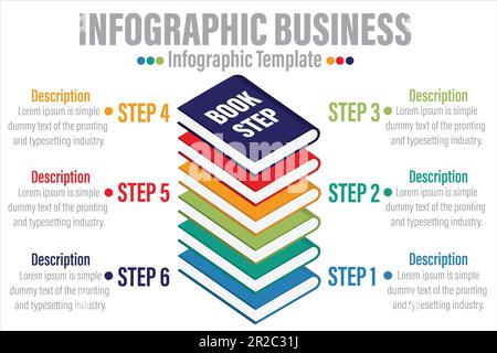 Illustrazione vettoriale infografica di 3D libri. concetto di processo aziendale in 6 fasi. Illustrazione Vettoriale