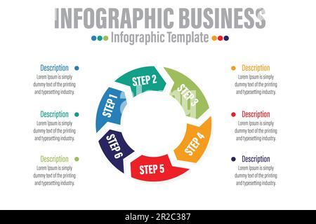 Infografiche aziendali. Cerchio con sei passi da 6 mm, sei opzioni da 6 mm, sei parti da 6 mm, frecce. Modello vettore Illustrazione Vettoriale