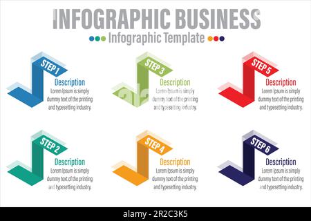 6 elementi di infografica colorati in fase e sei opzioni. Illustrazione vettoriale. Illustrazione Vettoriale