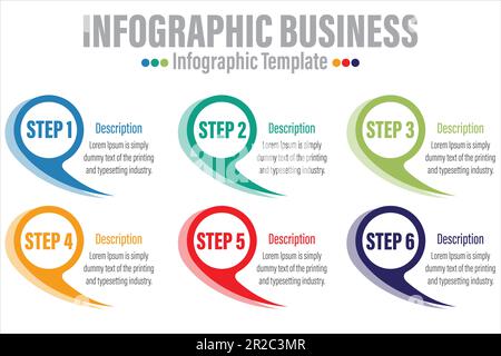 Infografiche vettoriali o timeline schede a sei cerchi collegate da frecce. Concetto aziendale di 6 fasi. Modello di progettazione per diagramma, Web, banner, flusso di lavoro Illustrazione Vettoriale