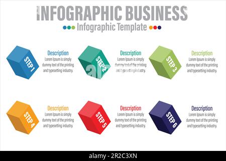 3D modello di presentazione infografica sulla timeline del cubo isometrico con sei opzioni o passaggi per presentazioni aziendali, report finanziari, pianificazione aziendale Illustrazione Vettoriale