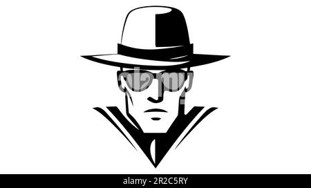 Modello per il rilevamento delle spionate. Logo hacker criminale su Internet. Concetto di indagine. Illustrazione vettoriale. Illustrazione Vettoriale