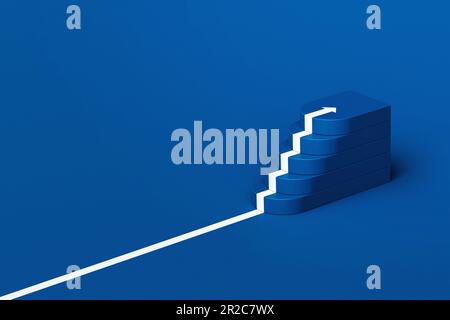 Freccia bianca che segue la scala di crescita su sfondo blu, freccia bianca che sale sopra la scala, 3D scale con freccia che sale, 3D rendering Foto Stock